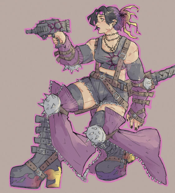 Full body of an anime girl holding a weapon in a steampunk outfit with pink, black, brown, and yellow colors. There are many leather belts on the outfit and metal armor pieces.
