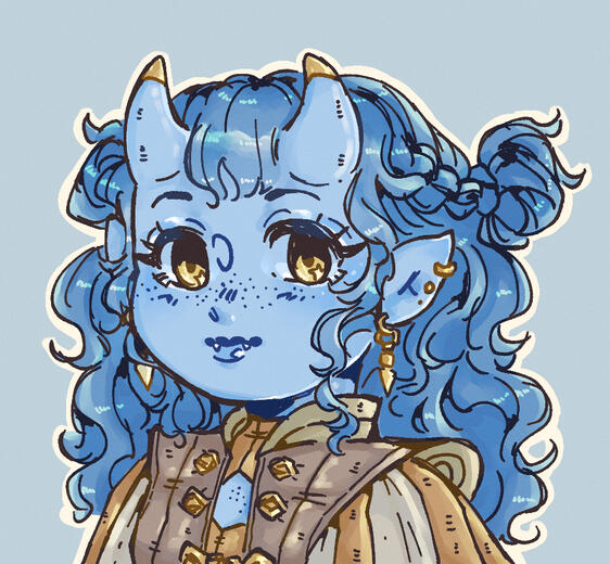 Chibi profile of a blue tiefling girl with hold, brown, and yellow adventuring outfit and has golden earrings in her pointy ears.