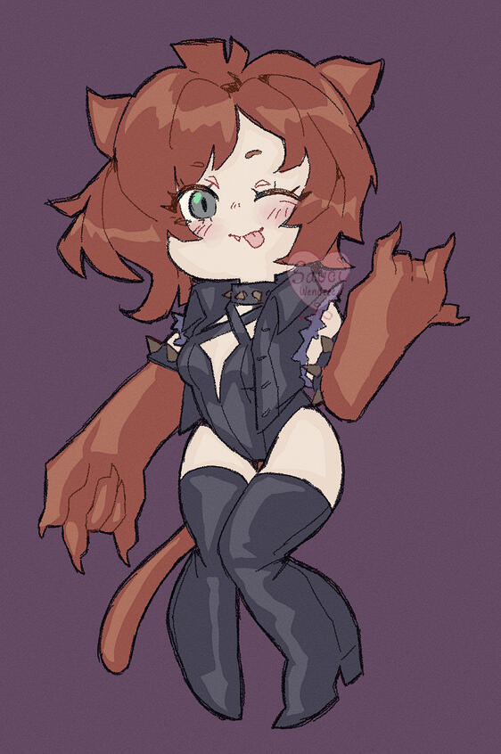 Anime chibi of a orange brown cat girl with a black leather outfit that has spikes.