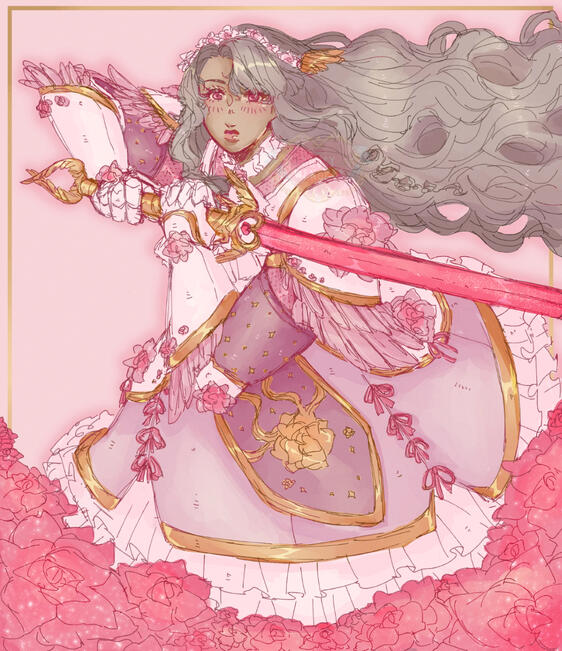 Anime girl in pink, white, and gold knight armor holding a sword, only showing the body from down to the mid-thigh.