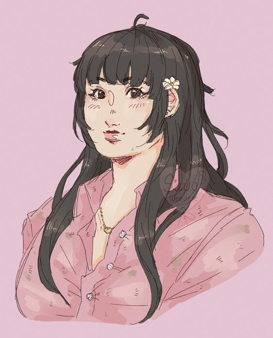 Anime girl drawing with a pink dress shirt and long dark brown hair, only showing from up to the shoulder.